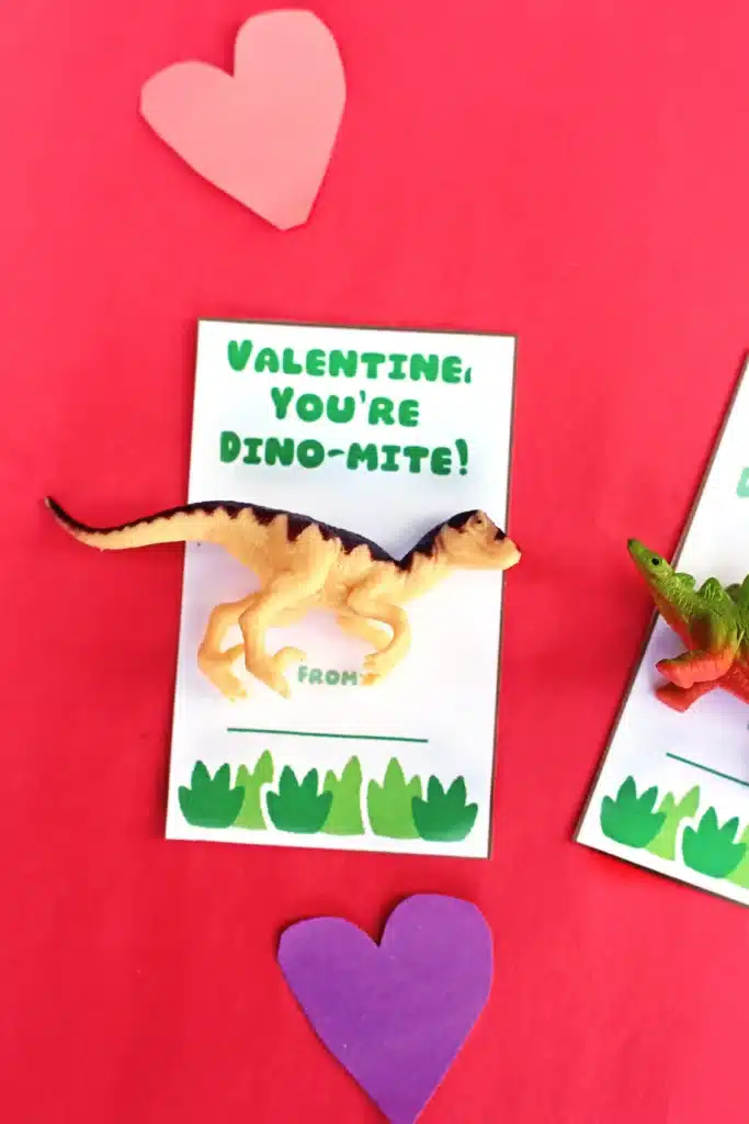Valentine You're Dino Mite Printable Card - Cultivating Brilliant Minds printable dinosaur valentine cards that say "Valentine, you're dino-mite!" with a toy dinosaur