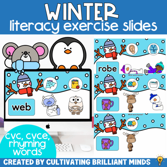 winter themed slides to practice cvc words, cvce words, and rhyming words