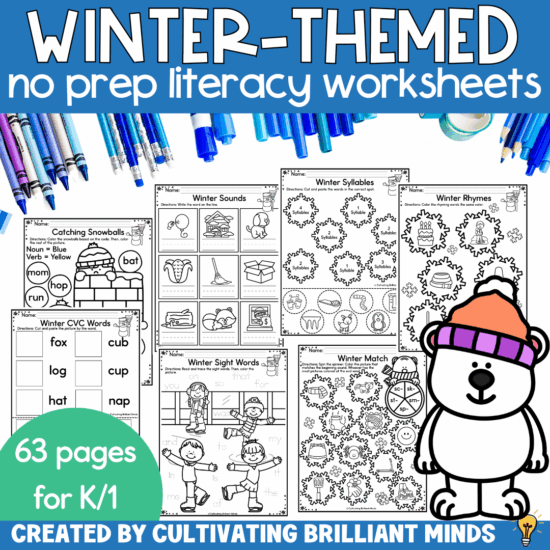 winter themed literacy worksheets for kindergarten and first grade