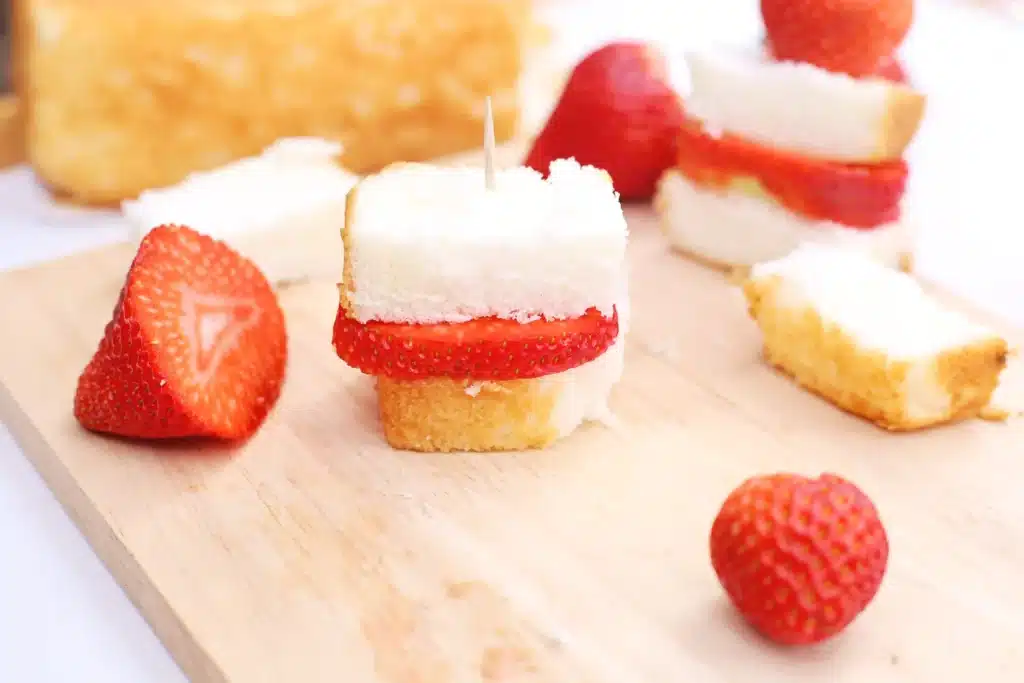 Strawberry Shortcake Kabobs - Cultivating Brilliant Minds strawberry shortcake kobabs - angel food cake and strawberry on a toothpick