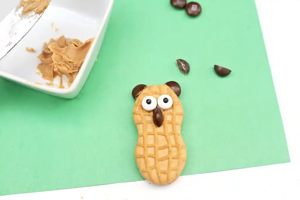 Groundhog Pudding Cups - Cultivating Brilliant Minds nutter butter with candy eyes and black m&ms attached with peanut butter to look like a groundhog