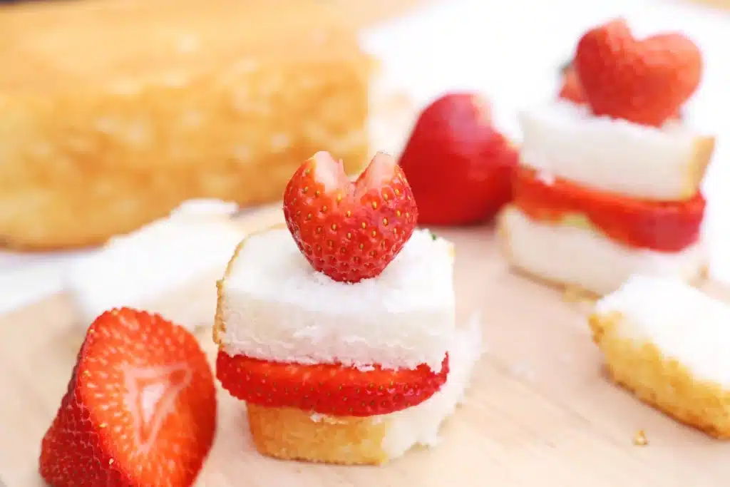 Strawberry Shortcake Kabobs - Cultivating Brilliant Minds strawberry shortcake kebabs - angel food cake and strawberry on a toothpick
