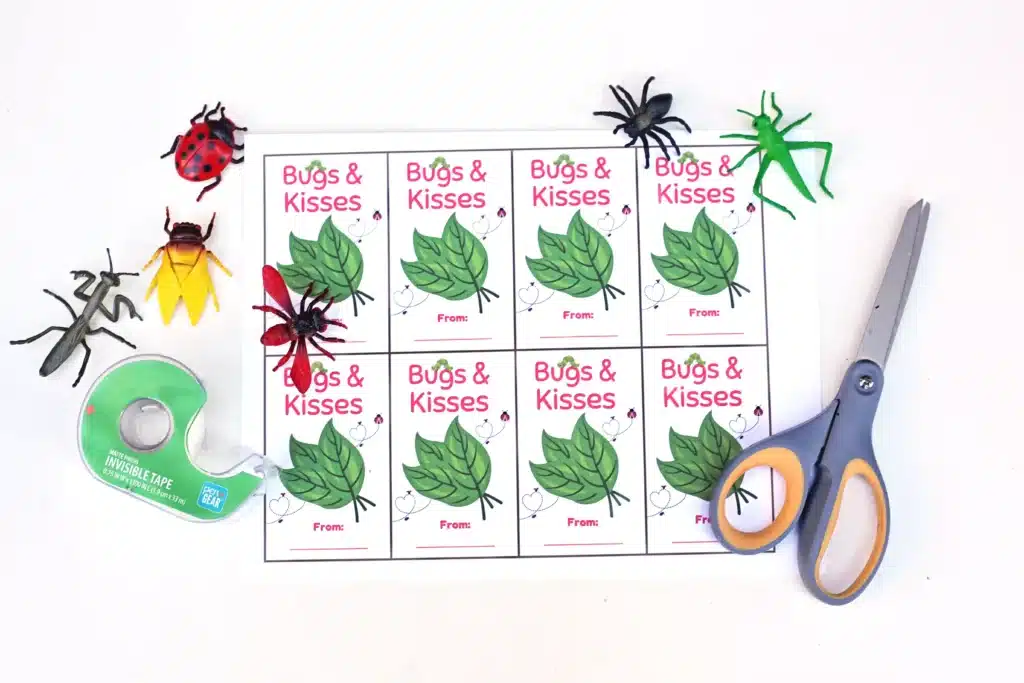 Printable Valentine Cards- Bugs and kisses - Cultivating Brilliant Minds printable bug-themed valentine cards that read "bug and kisses," scissors, tape, and plastic bugs