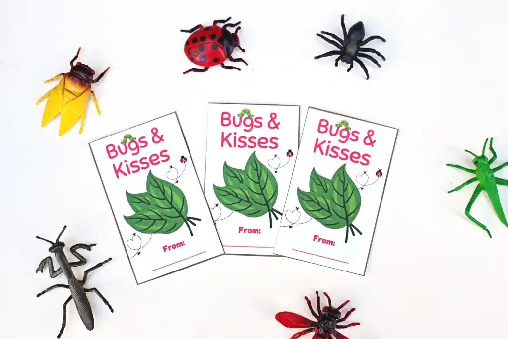 Printable Valentine Cards- Bugs and kisses - Cultivating Brilliant Minds printable bug-themed valentine cards that read "bug and kisses" and have a plastic bug toy attached