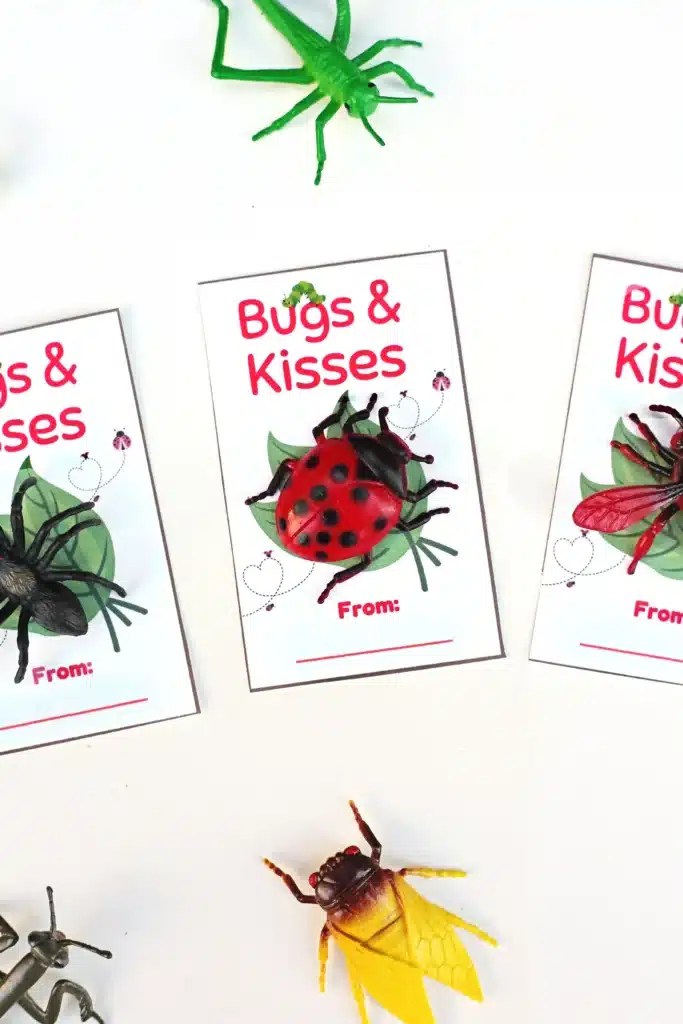 Printable Valentine Cards- Bugs and kisses - Cultivating Brilliant Minds printable bug-themed valentine cards that read "bug and kisses" and have a plastic bug toy attached