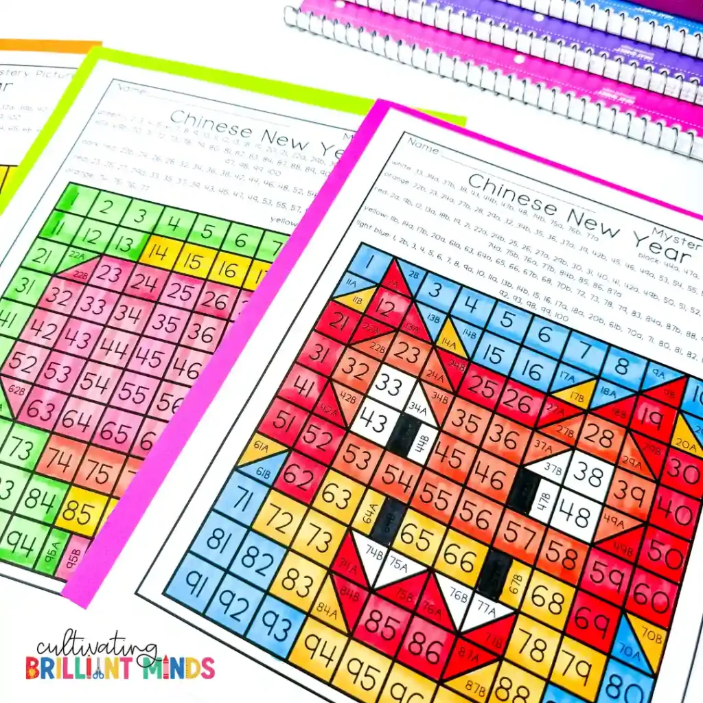 Lunar New Year Activities - Cultivating Brilliant Minds math mystery pictures for lunar new year where students color a 100 chart based on a code to reveal a picture