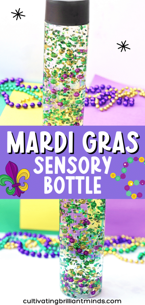 Mardi Gras Sensory Bottle - Cultivating Brilliant Minds a mardi gras sensory bottle that uses mardi gras beads and glitter in water