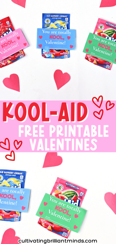 printable valentines that read "Valentine, you are totally kool" attached to a packet of kool aid