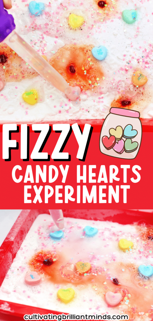 valentine's day stem activity with a kid using a pipette to pour vinegar over candy hearts with baking soda on them