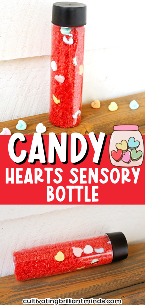 a candy heart sensory bottle that uses red rice and candy hearts