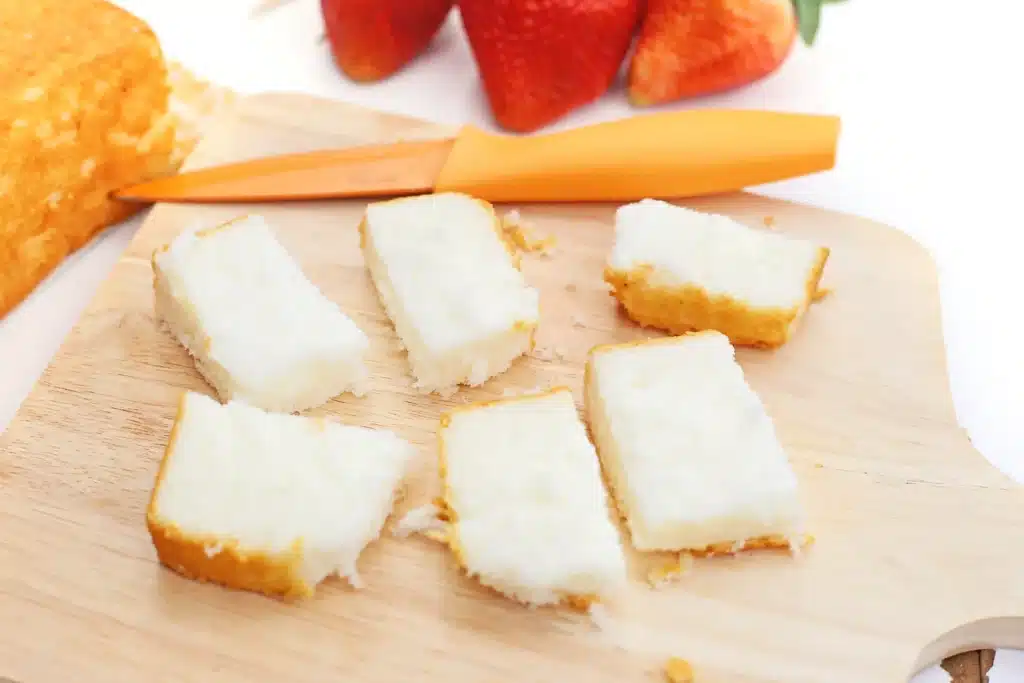 Strawberry Shortcake Kabobs - Cultivating Brilliant Minds angel food cake cut into sections