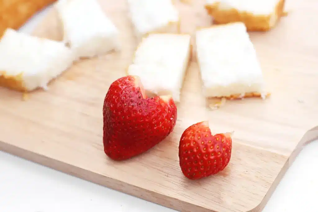 Strawberry Shortcake Kabobs - Cultivating Brilliant Minds strawberries cut into hearts