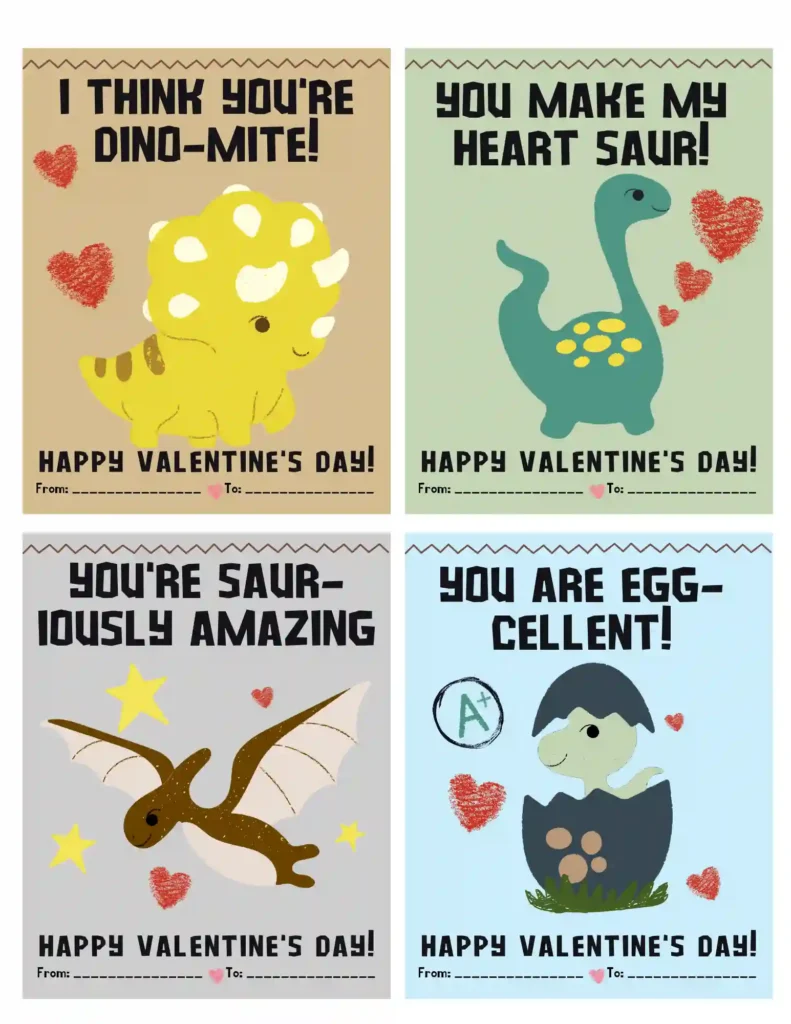 Printable Valentines For Classroom Exchanges - Cultivating Brilliant Minds printable dinosaur-themed valentine cards