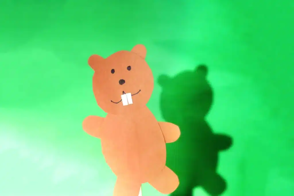 Groundhog Day Shadow Experiment - Cultivating Brilliant Minds a groundhog made out of construction paper glued to a popsicle stick with a light shining on it to see the shadow