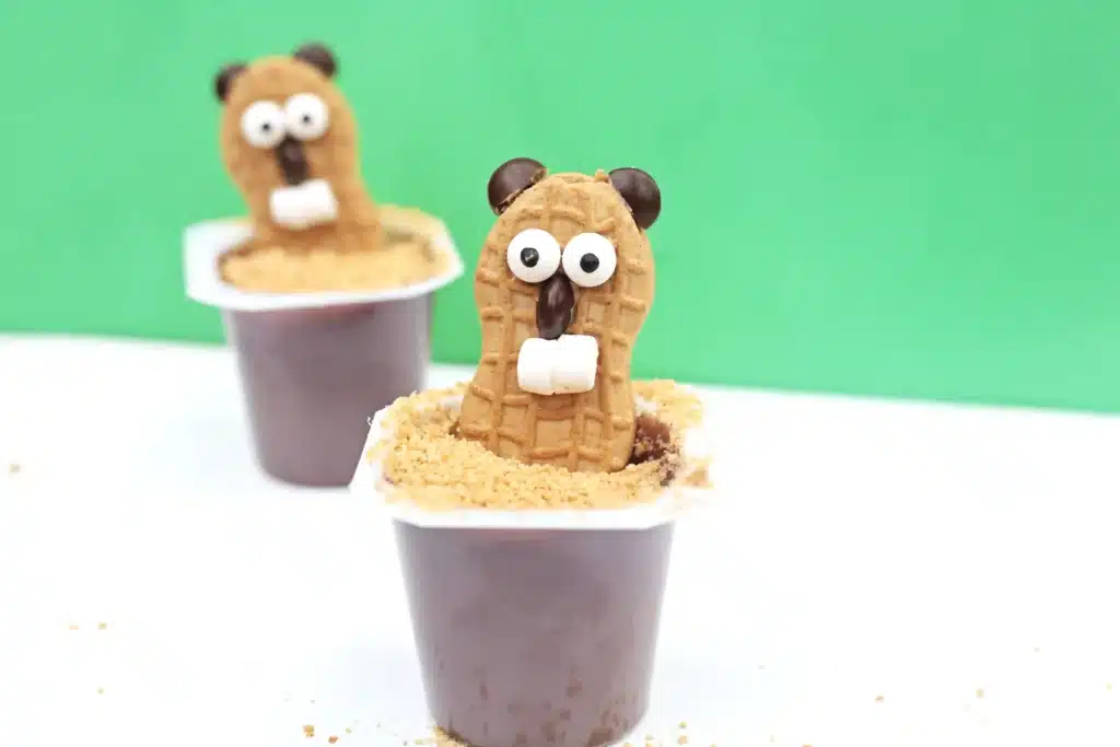 Groundhog Pudding Cups - Cultivating Brilliant Minds pudding cups with nutter butters decorated to look like groundhogs