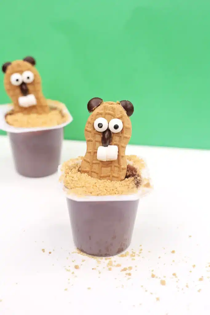 Groundhog Pudding Cups - Cultivating Brilliant Minds pudding cups with nutter butters decorated to look like groundhogs