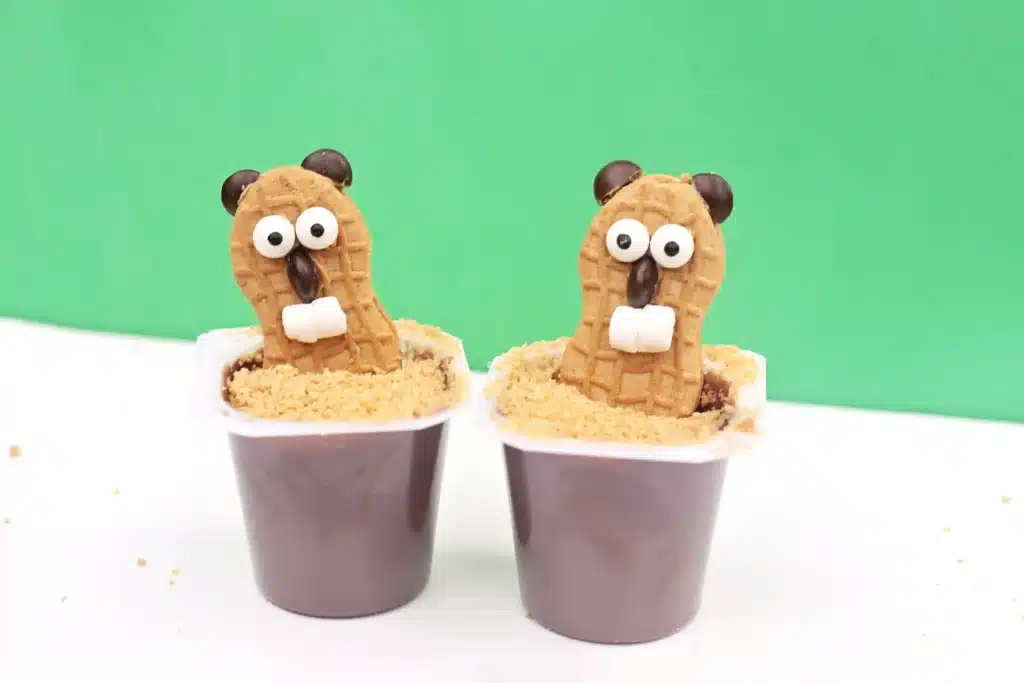 Groundhog Pudding Cups - Cultivating Brilliant Minds pudding cups with nutter butters decorated to look like groundhogs