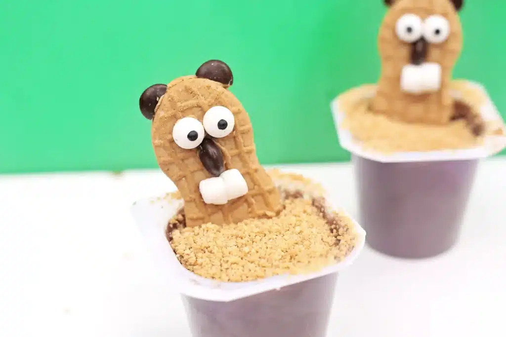 Groundhog Pudding Cups - Cultivating Brilliant Minds pudding cups with nutter butters decorated to look like groundhogs