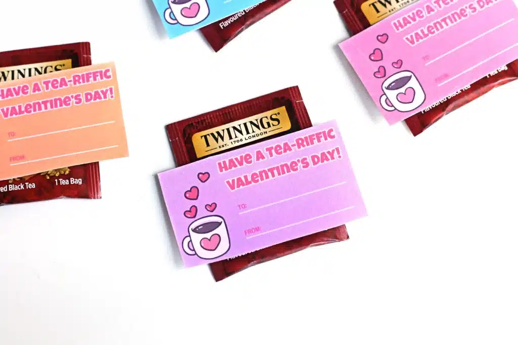 Printable Valentines Have a Tea-riffic Valentines Day - Cultivating Brilliant Minds a printable valentine that reads "Have a tea-riffic valentine's day" attached to a packet of tea