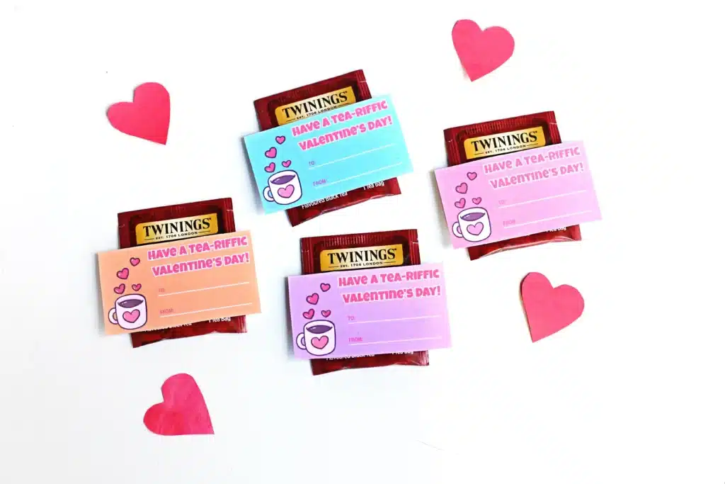 Printable Valentines Have a Tea-riffic Valentines Day - Cultivating Brilliant Minds a printable valentine that reads "Have a tea-riffic valentine's day" attached to a packet of tea