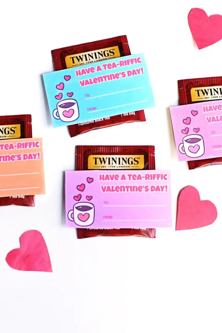 a printable valentine that reads "Have a tea-riffic valentine's day" attached to a packet of tea
