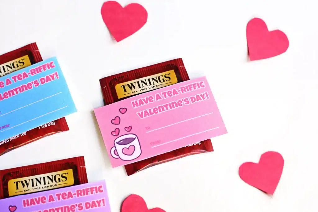 Printable Valentines Have a Tea-riffic Valentines Day - Cultivating Brilliant Minds a printable valentine that reads "Have a tea-riffic valentine's day" attached to a packet of tea