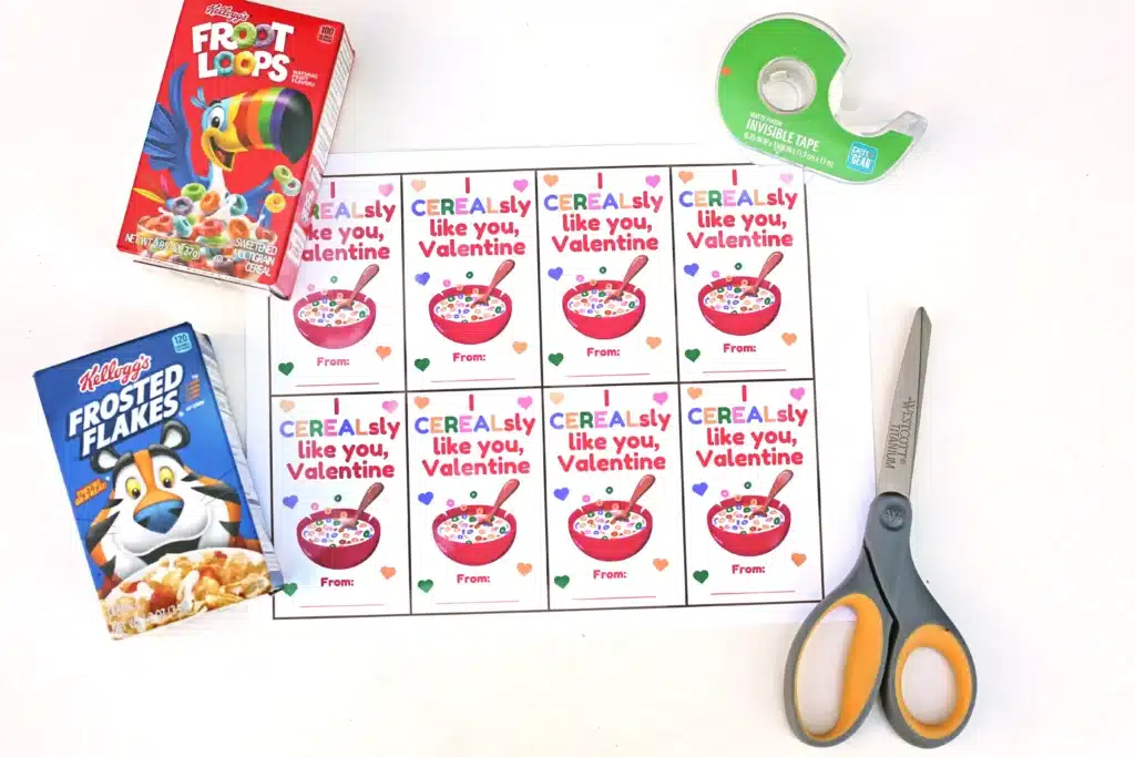 Printable Valentine- I CEREALsly like you Valentine - Cultivating Brilliant Minds individual boxes of cereal, scissors, tape, and a printable valentine that reads "I CERAL-sly Like You, Valentine!"