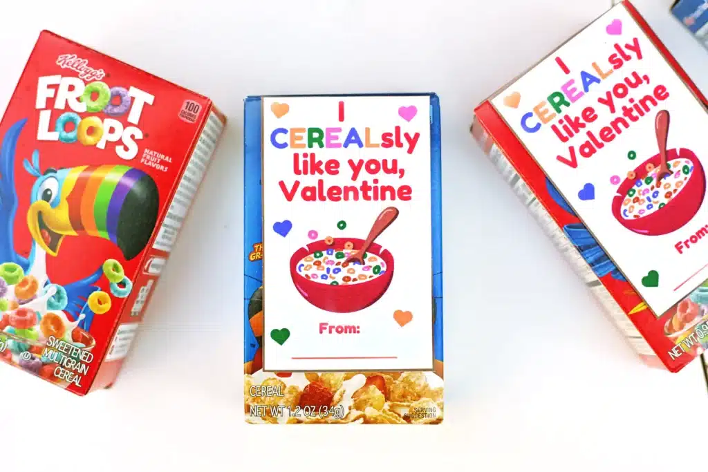 Printable Valentine- I CEREALsly like you Valentine - Cultivating Brilliant Minds cereal boxes with a valentine attached that reads "I CEREAL-sly Like You, Valentine"