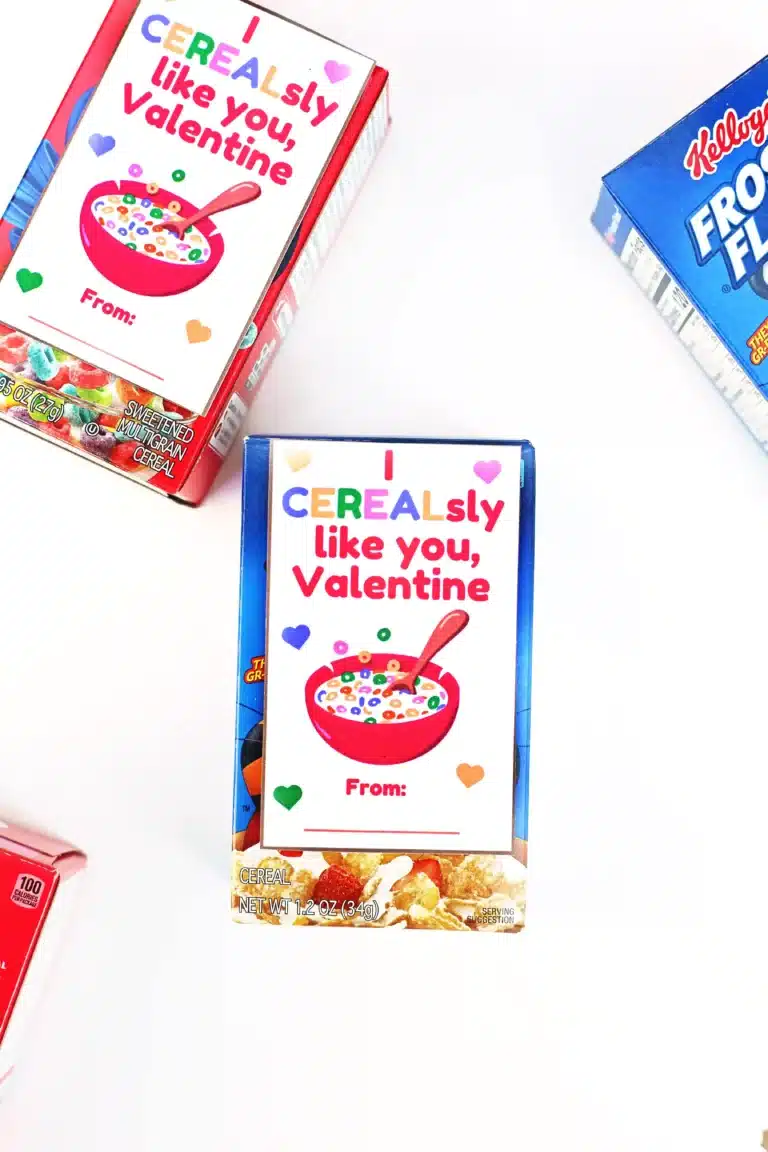cereal boxes with a valentine attached that reads "I CEREAL-sly Like You, Valentine"