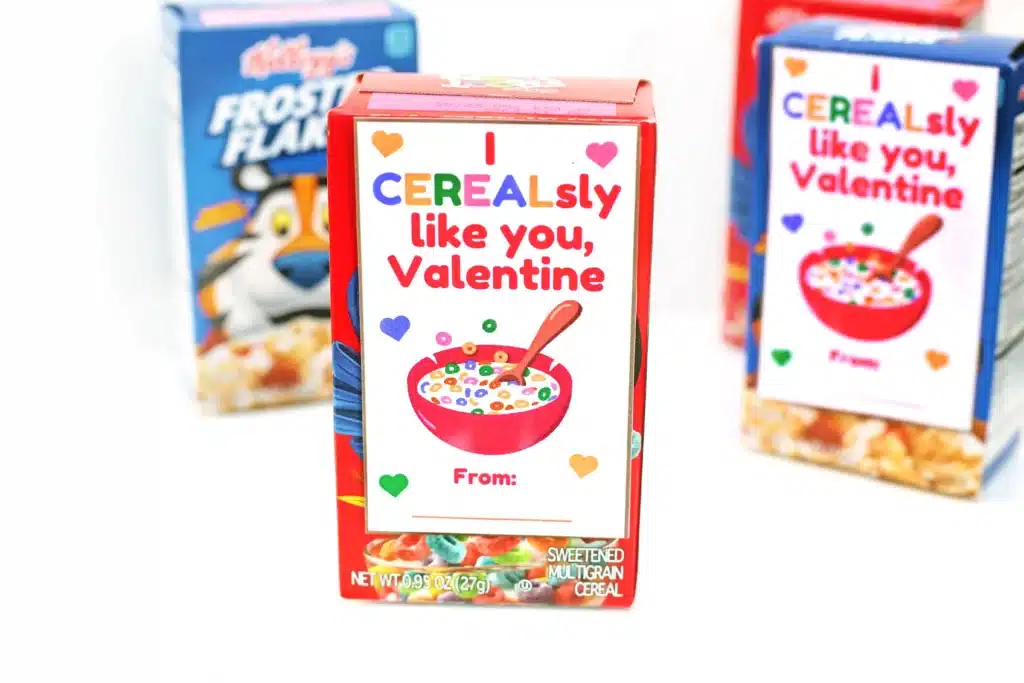 Printable Valentine- I CEREALsly like you Valentine - Cultivating Brilliant Minds cereal boxes with a valentine attached that reads "I CEREAL-sly Like You, Valentine"