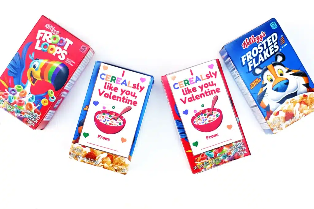 Printable Valentine- I CEREALsly like you Valentine - Cultivating Brilliant Minds cereal boxes with a valentine attached that reads "I CEREAL-sly Like You, Valentine"
