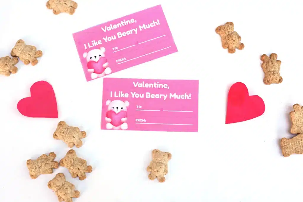 Printable Valentine Card: I Like You Beary Much - Cultivating Brilliant Minds teddy grahams and printable valentines that read "I like you bear-y much!"