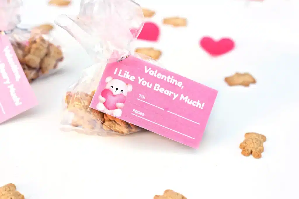 Printable Valentine Card: I Like You Beary Much - Cultivating Brilliant Minds a bag of teddy grahams with a printable valentine that reads "I like you beary much!"