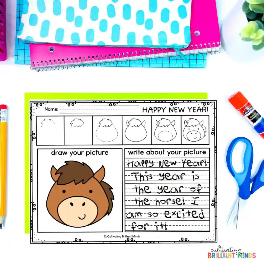 Lunar New Year Activities - Cultivating Brilliant Minds a directed drawing and writing page of a horse for lunar new year