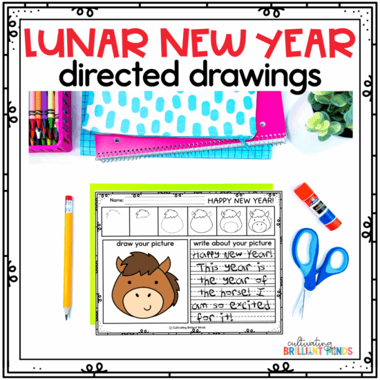 lunar new year directed drawing of a horse with a writing piece about it