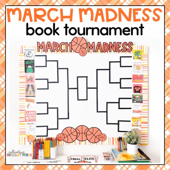 a march madness bulletin board with pictures of picture books in a bracket
