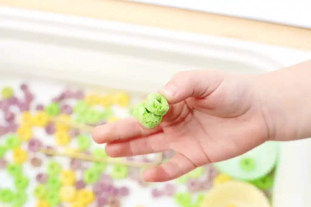 Mardi Gras Color Sorting Sensory Bin - Cultivating Brilliant Minds a kid holding two green froot loops