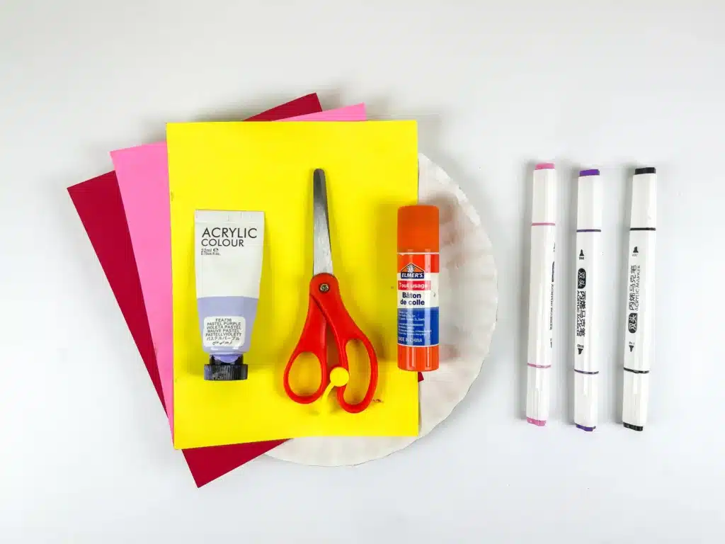 Lovebird Paper Plate Craft for Valentine's Day - Cultivating Brilliant Minds paper plate, colored construction paper, paint, scissors, glue, and markers