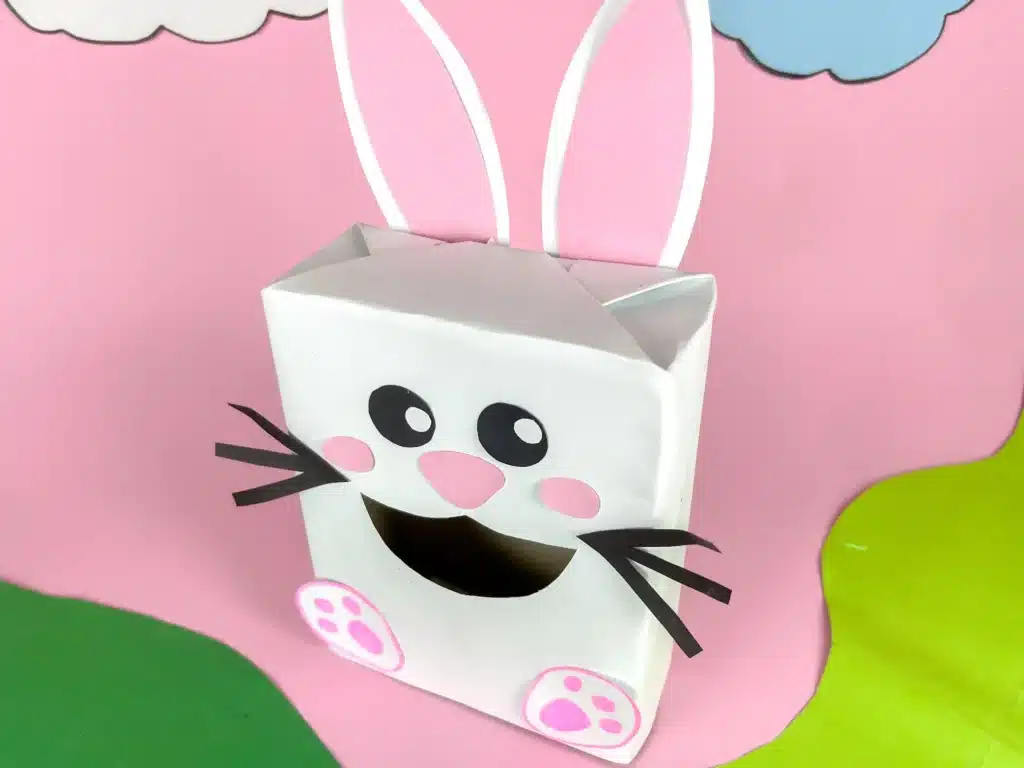 Bunny Valentines Box - Cultivating Brilliant Minds a bunny valentines box that has a box covered in white paper and a construction paper face, ears, and feet to look like a bunny