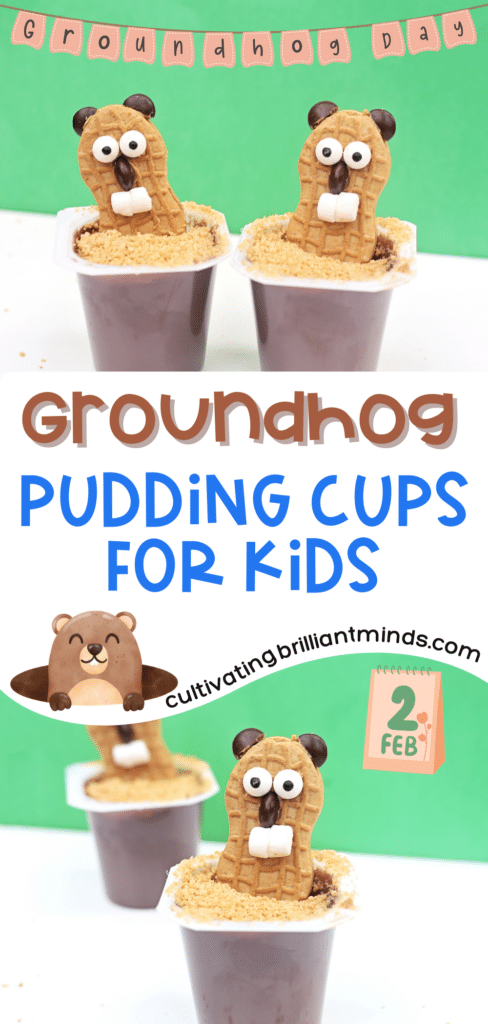 Groundhog Pudding Cups - Cultivating Brilliant Minds pudding cups with nutter butters decorated to look like groundhogs