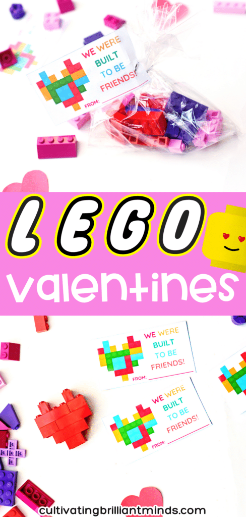 Printable Lego Valentine Cards - Cultivating Brilliant Minds printable valentines that read "we were build to be friends" attached to a bag of legos