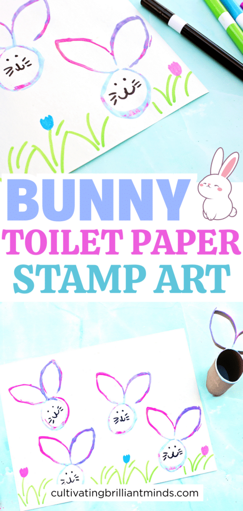 Bunny Stamp Art with Toilet Paper Rolls - Cultivating Brilliant Minds bunny stamp art on a piece of paper using a toilet paper roll