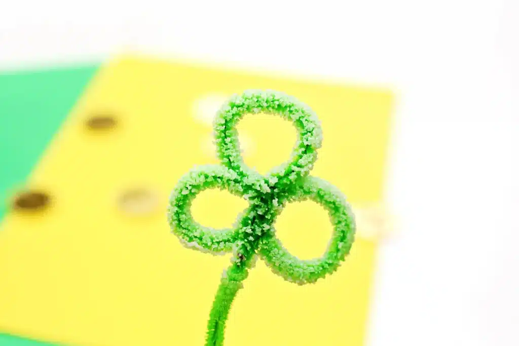 Salt Crystal Shamrock Science Experiment - Cultivating Brilliant Minds Salt Crystal Shamrock Science Experiment - a green pipe cleaner shaped into a clover with salt stuck on it