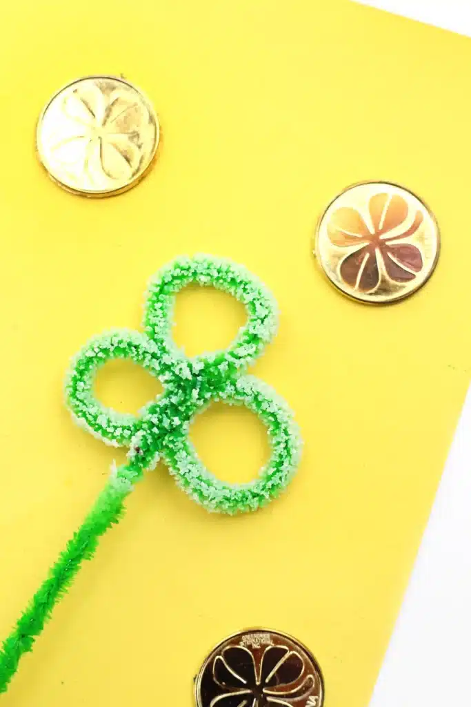 Salt Crystal Shamrock Science Experiment - Cultivating Brilliant Minds Salt Crystal Shamrock Science Experiment - a green pipe cleaner shaped into a clover with salt stuck on it