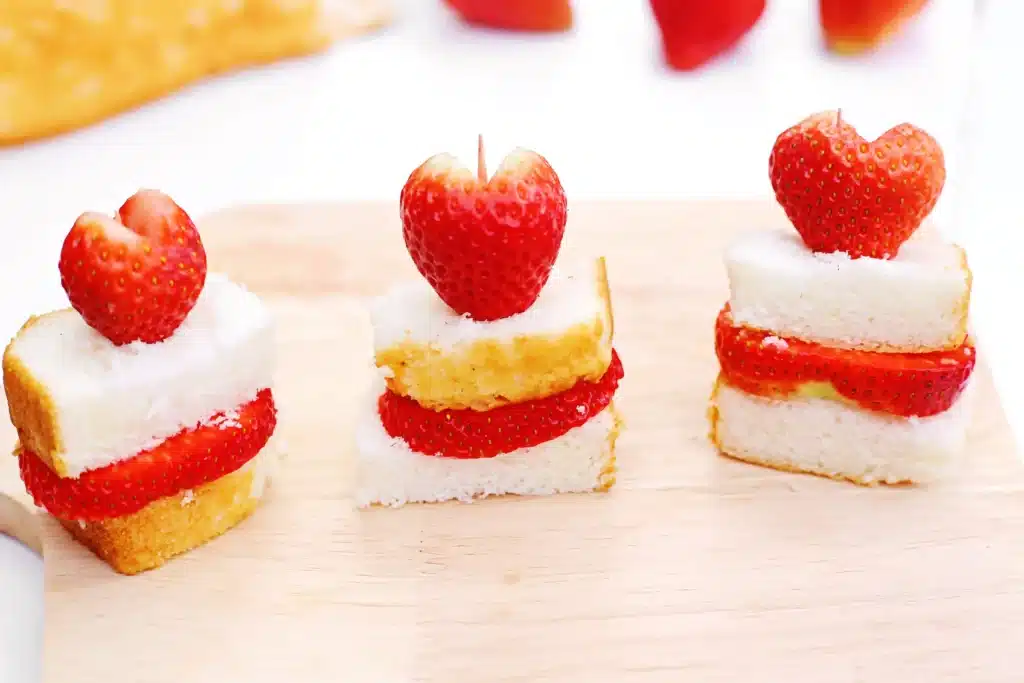 Strawberry Shortcake Kabobs - Cultivating Brilliant Minds strawberry shortcake kobabs - angel food cake and strawberry on a toothpick