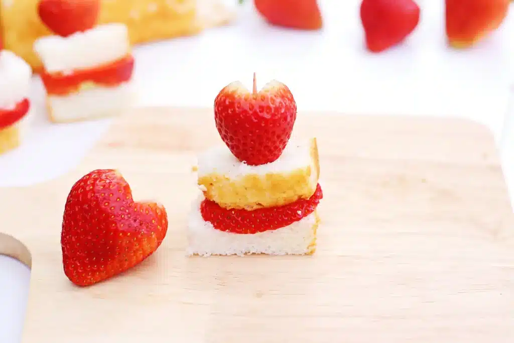 Strawberry Shortcake Kabobs - Cultivating Brilliant Minds strawberry shortcake kebabs - angel food cake and strawberry on a toothpick