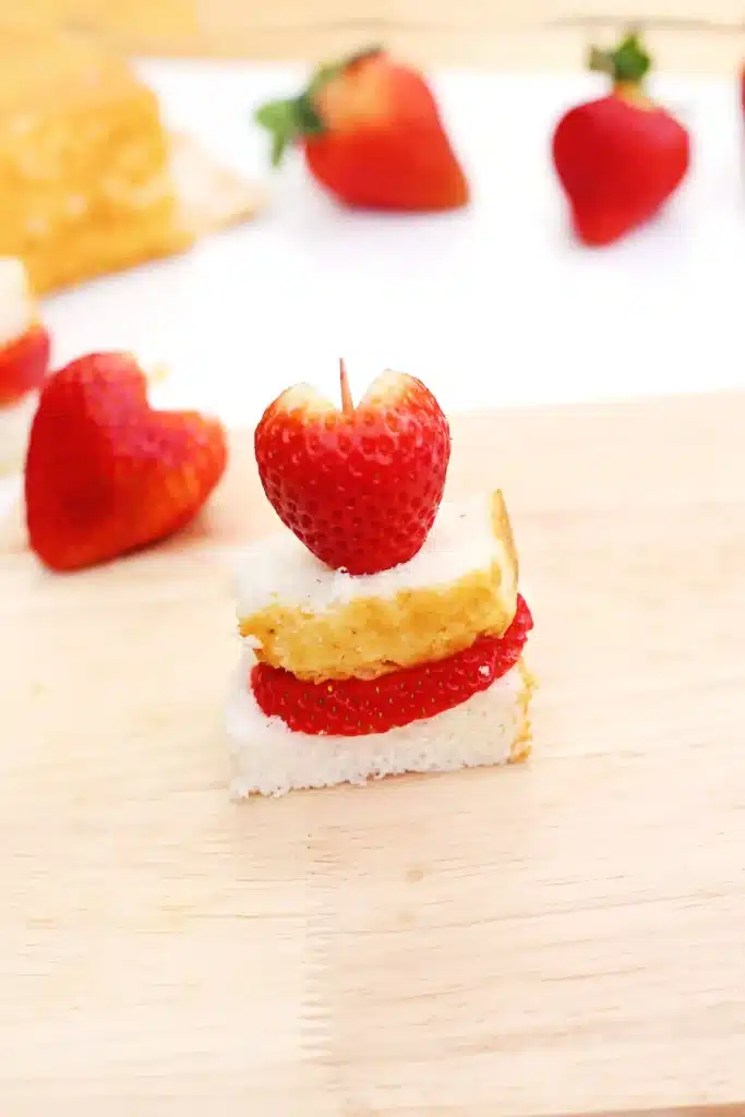 Strawberry Shortcake Kabobs - Cultivating Brilliant Minds strawberry shortcake kebabs - angel food cake and strawberry on a toothpick