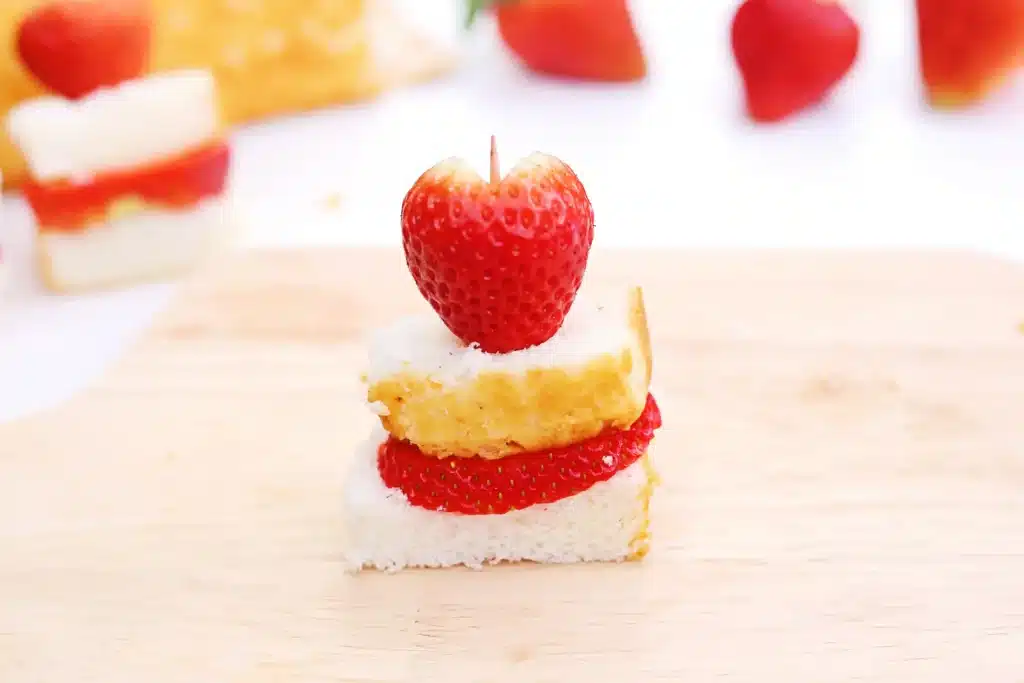 Strawberry Shortcake Kabobs - Cultivating Brilliant Minds strawberry shortcake kebabs - angel food cake and strawberry on a toothpick