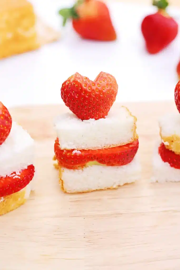 Strawberry Shortcake Kabobs - Cultivating Brilliant Minds strawberry shortcake kebabs - angel food cake and strawberry on a toothpick