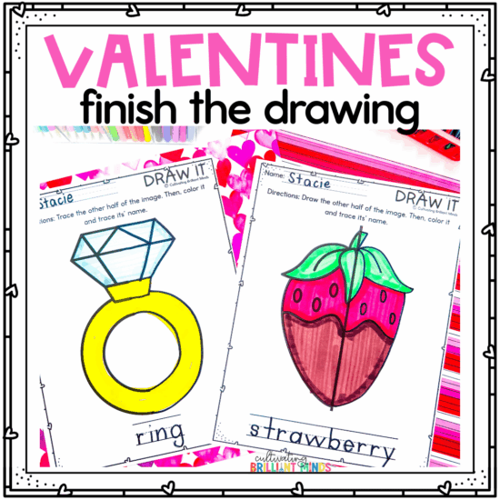 half images of valentine's day-themed items for students to finish the drawing